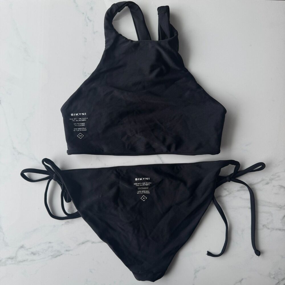 Made in USA BIKYNI brand The Crop (XS) + The String (M) 2pc Bikini Set - Black - Picture 3 of 14